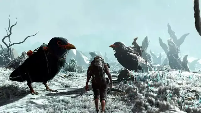 Humanoid under bleak trees with two crows.