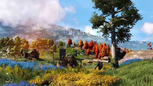 Humanoid walking toward a town across grassland.