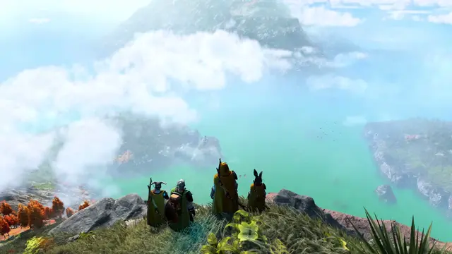 Group looking down from a cliff edge.