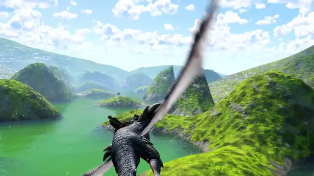 Dragon flight along coastal peaks.