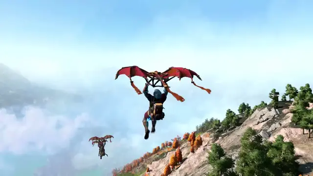 Humanoid glides off rocky mountains.