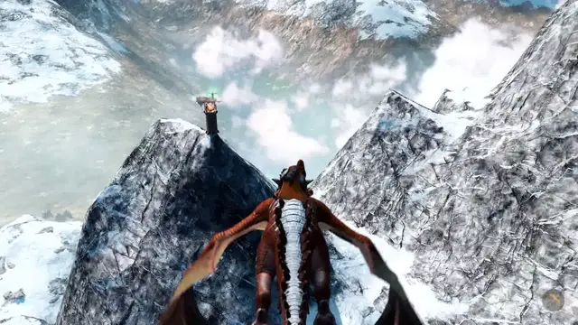 Dragon flying through high snowy peaks.