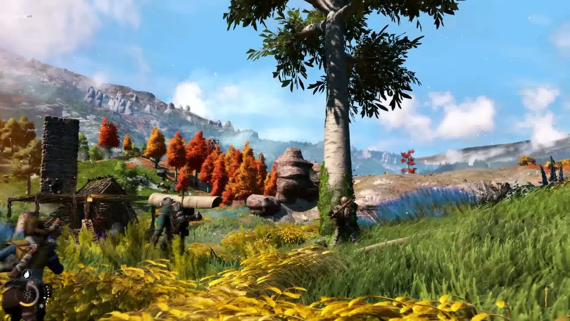 Scene with flowery highlands, mountain in the back, some characters in the front