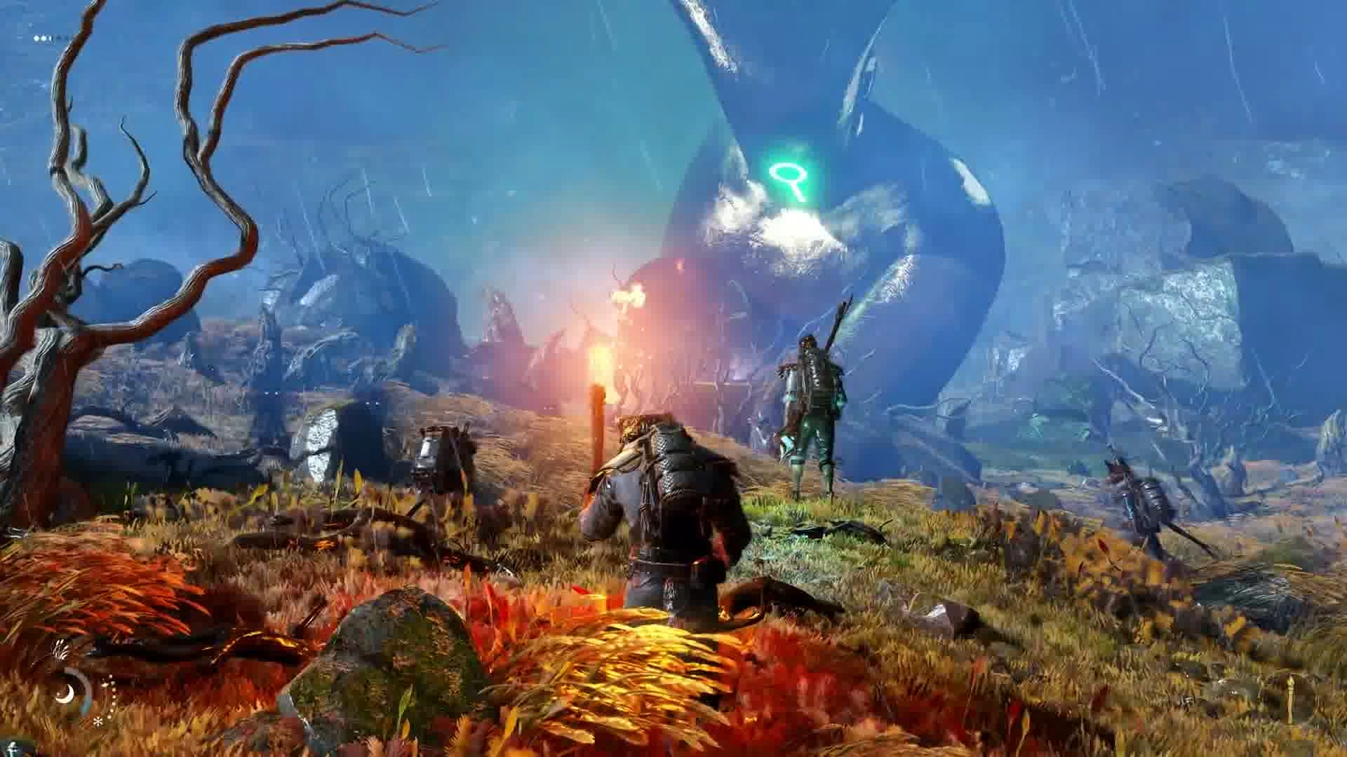 A rainy scene with some players walking towards a big statue